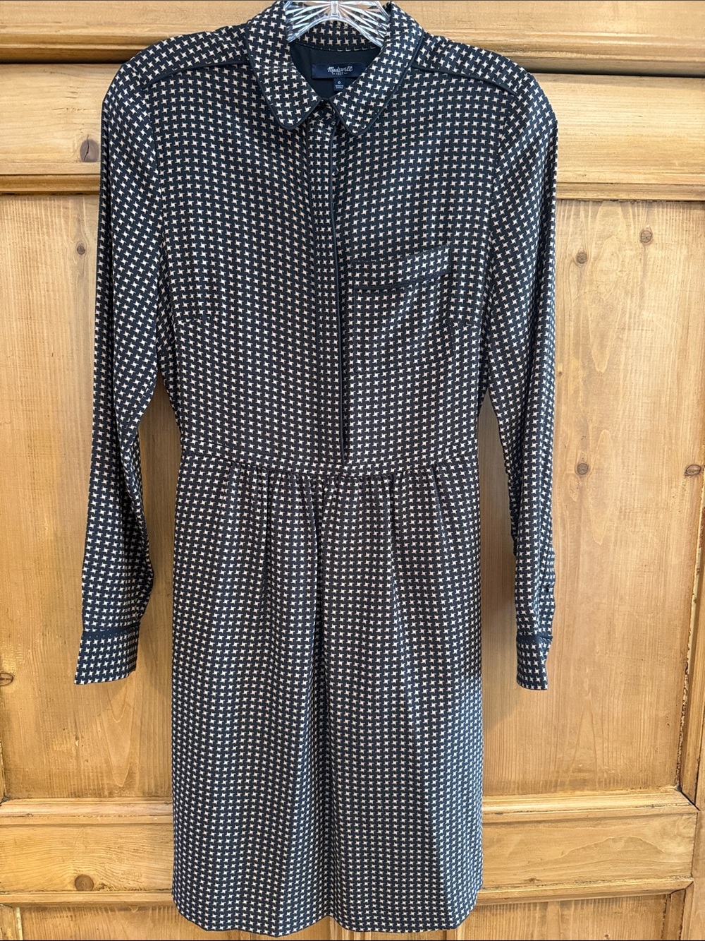Madewell Black and Khaki Houndstooth Printed Long-Sleeve Shirt Dress